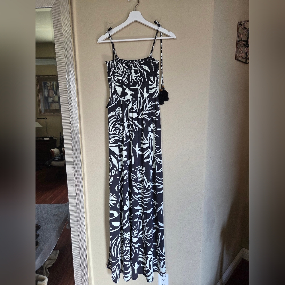 Maaji Maxi Dress Dark Gray Cream Tie Shoulder Smocked Boho Bohemian